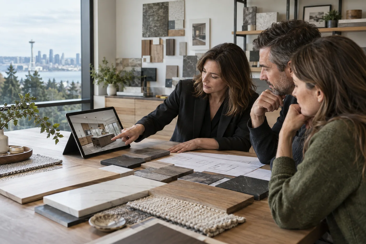 A Seattle homeowner couple reviewing a kitchen remodel design and material samples with a designer