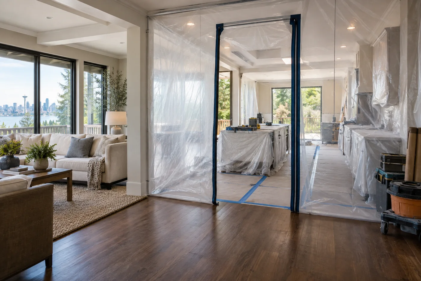 Dust barriers protecting a furnished living area during a high-end home remodel